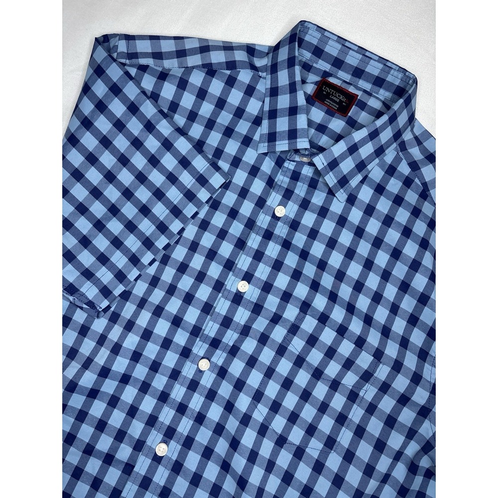 UNTUCKit Shirt Large Blue Plaid Short Sleeve Button Up Polyester Regular Fit Men